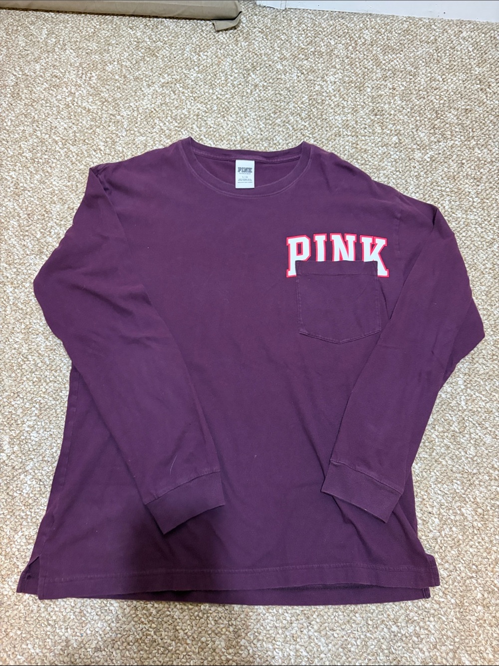PINK Victoria's Secret Plum Long Sleeve Pocket Tee with Red/White Logo
